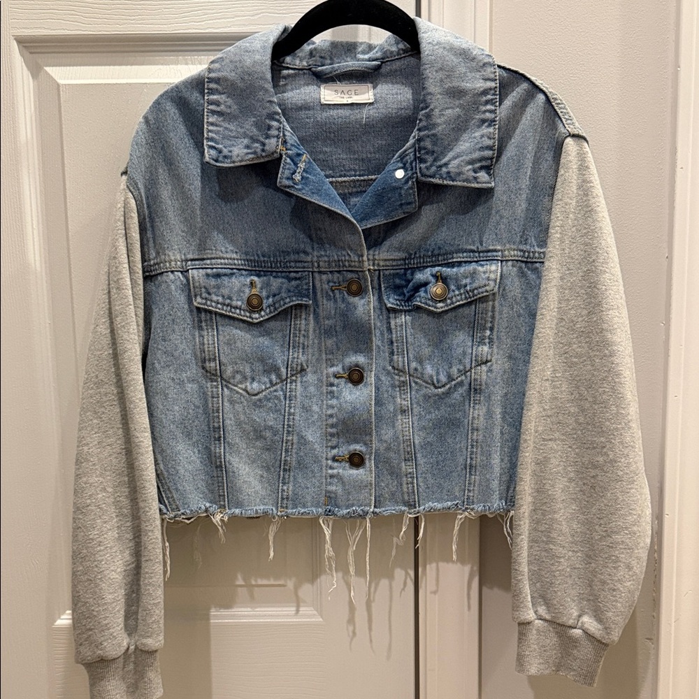 Sage Blue Denim Jacket with Gray Sleeves